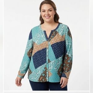 NWT Hearts of Palm Patchwork Print V-Neck Blouse